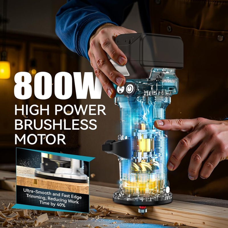 MtiolHig Cordless Compact Router Compatible with Makita 18V Battery, With 15Pcs Router Bits 6 Variable Speeds for Woodworking, 800W 30000 RPM Fixed Base Wood Router With Trim Bits - Image 2